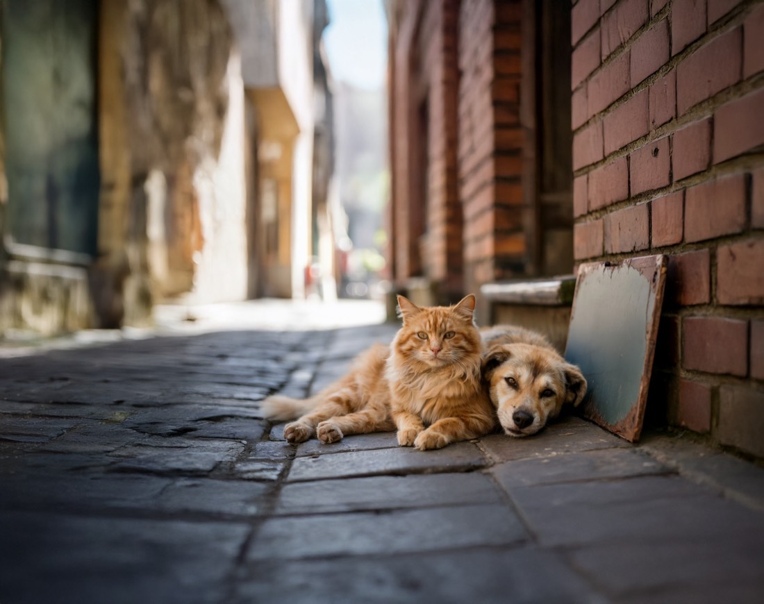 Chat et chien blottis l'un contre l'autre dans une ruelle