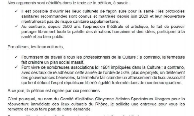 Petition : Pour la réouverture immédiate des lieux culturels du Rhône