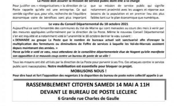 Petition : NON à la FERMETURE de La Poste Place Leclerc (Nogent S/Marne)