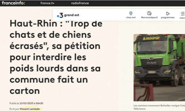 Petition : Stop aux animaux écrasés : Faites respecter les limitations de vitesse et le passage des camions à Bollwiller !