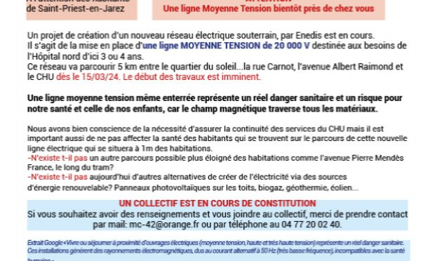 Petition : St-Priest en-Jarez, création ligne moyenne tension-proximité des maisons : danger sanitaire!
