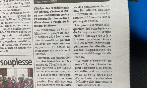 Petition : Ecole la Rivière de Mansac non à la fermeture de classe