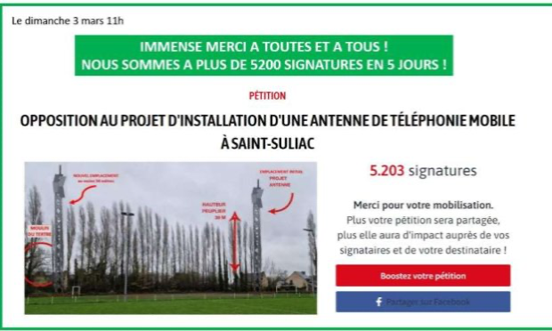 Petition : Opposition au projet d'installation d'une antenne de téléphonie mobile à Saint-Suliac