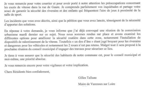 Petition : Pour l'installation de ralentisseurs Rue de Gaure, Varennes sur Loire