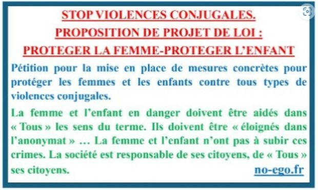 Petition : Stop aux violences conjugales, proposition de projet de loi :  protéger la femme et l'enfant