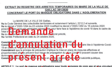 Demande d'annulation de l'arrêté « 381/2020 concernant le port du masque obligatoire dans l'agglomération »
