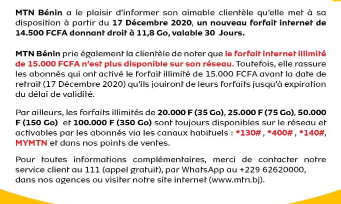 Ramenez le forfait illimité de 15 000 FCFA