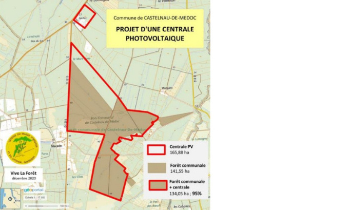 Non à l'abattage de 95% de la forêt communale de Castelnau de Médoc, pour implanter 2 centrales photovoltaïques.