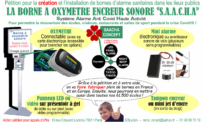 Pétition pour la CREATION et l'installation de bornes d'alarme sanitaires dans les lieux publics, afin de permettre la réouverture des écoles, cinémas, théâtres, restaurants, commerces et salles de sport pendant l'épidémie Covid