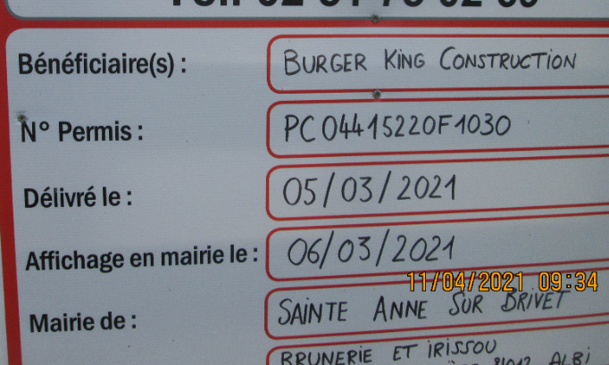 Non à l'implantation d'un Burger King zone de la Hirtais à Sainte Anne sur Brivet/ Pontchâteau