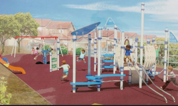 la construction d'une aire de jeux pour enfant avec 3 tables de pic-nique dans un espace clôturé proche du gymnase