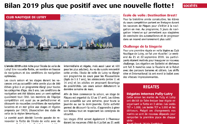 En faveur de l'Ecole de Voile de Lutry / Soutien à Nicolas Baudu - Chef de base du Club Nautique Lutry