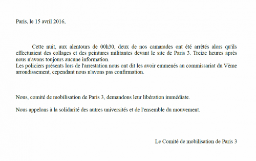 Libération immédiate de nos camarades !