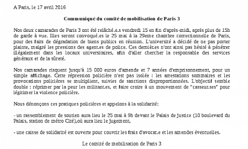 Soutenons les camarades de Paris 3