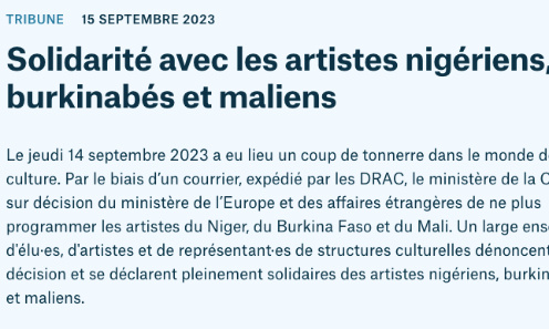 Solidarité avec les artistes nigériens, burkinabés et maliens
