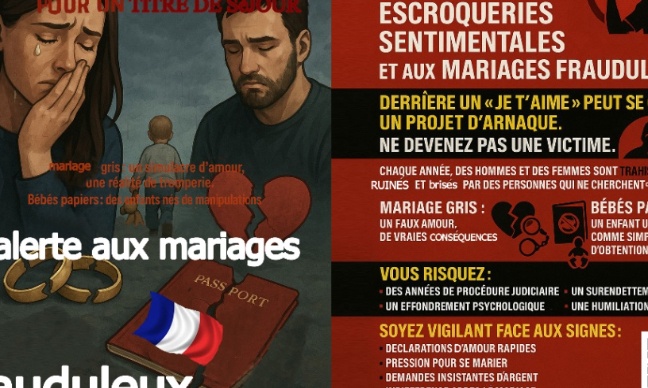 Stop à l'escroquerie sentimentale à but migratoire, mariage gris, bébé papier