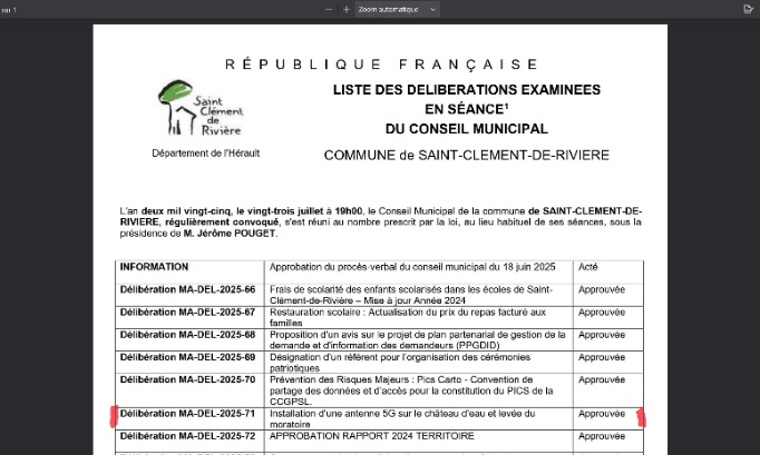 STOP à l’implantation d’une antennes 5G à Saint Clément de Rivière sur le toit du Château d'eau à quelques mètres des habitations.
