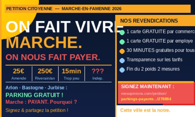 Gratuité de stationnement pour les commerçants, leurs employés et 30 minutes pour tous — Marche-en-Famenne