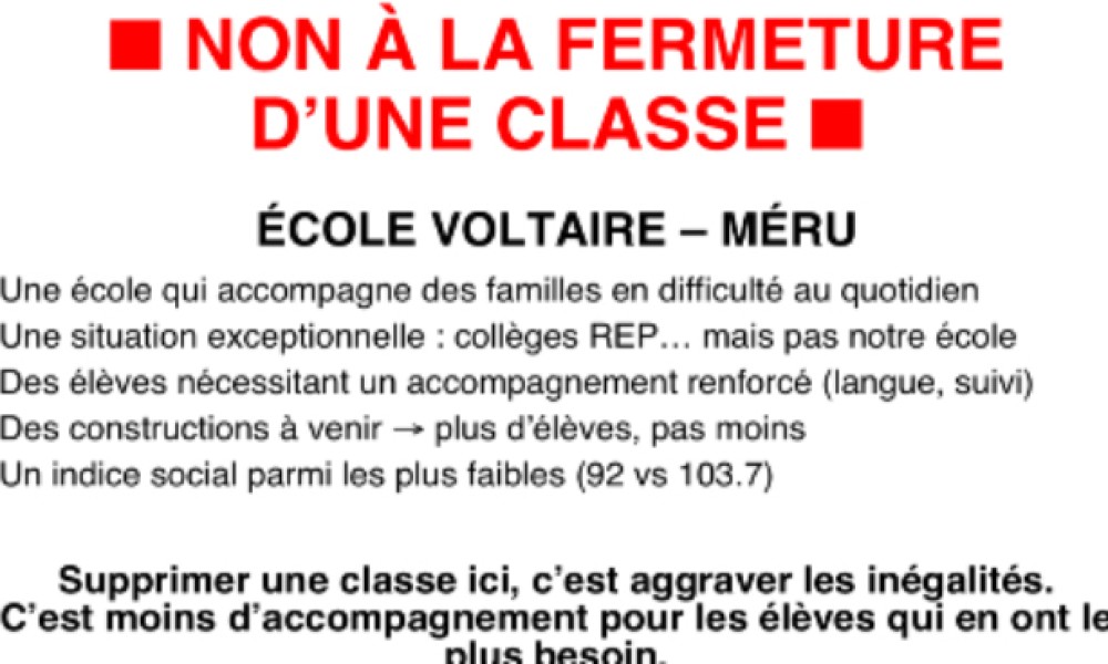 Non à la fermeture de classe à l’école Voltaire de Méru .
