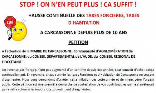 Halte à la hausse continuelle des taxes foncières et d'habitation.