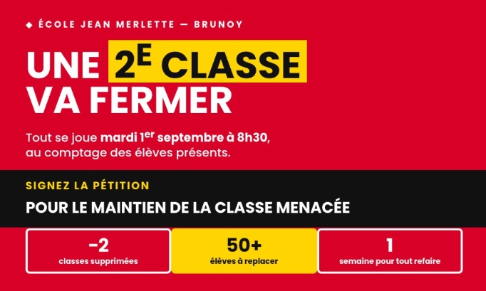 Non à la fermeture d'une 2e classe à l'école Jean Merlette (Brunoy)