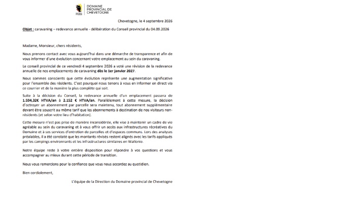 Non &agrave; la hausse abusive de la redevance du caravaning du Domaine de Chevetogne !