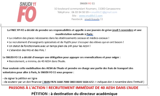 Pour le recrutement imm&eacute;diat de 40 AESH dans l'aude