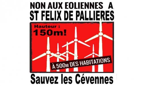 NON AU PROJET DE 6 EOLIENNES de 150m de haut à ST FELIX DE PALLIERES en Cévennes