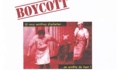 Appel au boycott de tous les produits d'origine animale : viande, charcuterie, oeufs, lait, poissons et fruits de mer et leurs dérives : si vous arrêtez d'acheter, on arrête de tuer !
