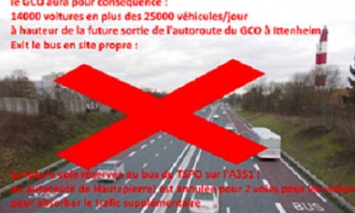 Droit aux transports en commun à l’ouest de strasbourg ! le GCO annule le projet TSPO dans sa phase finale sur l'autoroute de Hautepierre par l'apport de 14000 véhicules supplémentaires/jour en plus des 25000 actuels : exit le bus en site propre !