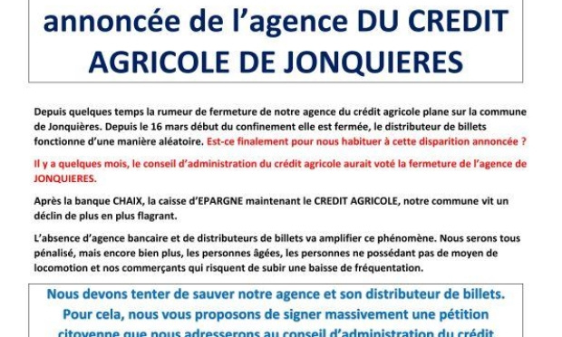 NON à la fermeture annoncée du crédit agricole de Jonquières-84150