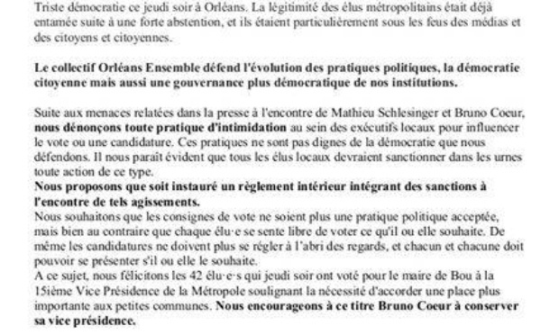 Soutien à Bruno Coeur maire de Bou à la vice-présidence d'Orléans métropole