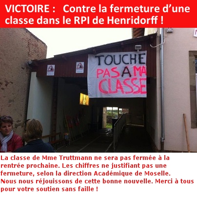 VICTOIRE :   Contre la fermeture d’une classe dans le RPI de Henridorff !